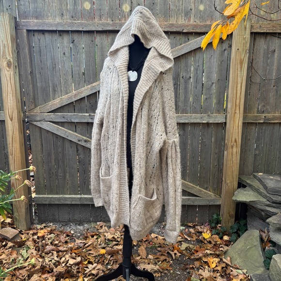 Free People Alpaca Blend Hooded Cardigan Sweater Open Front Oversized Beige boho - Picture 2 of 10